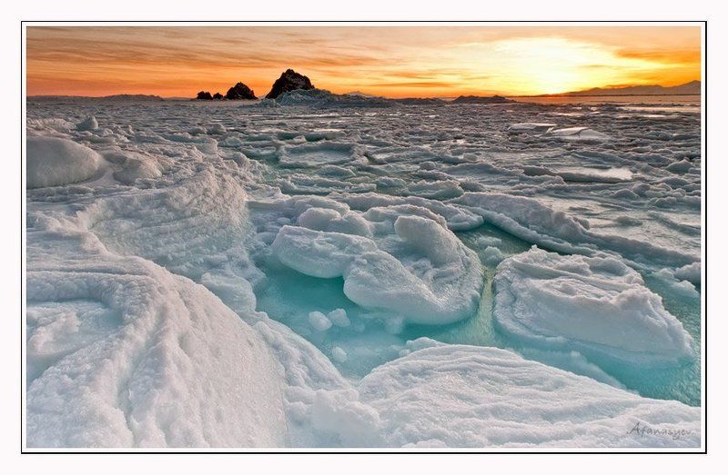 магадан, охотское море, лед, январь, снег, ветер, море, рассвет, колыма, солнце, скалы, прибой Три брата в январе.... фото превью