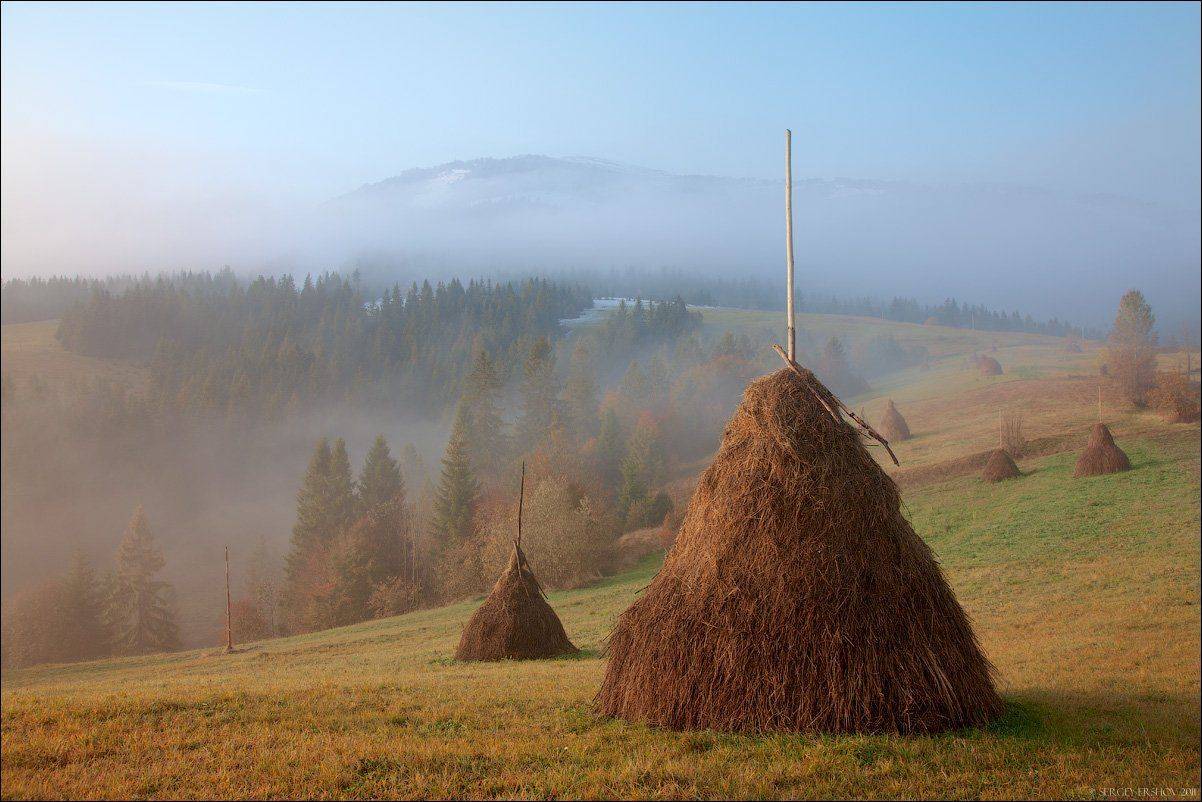 карпаты, украина, пилипец, горы, утро, туман, стог, Сергей Ершов