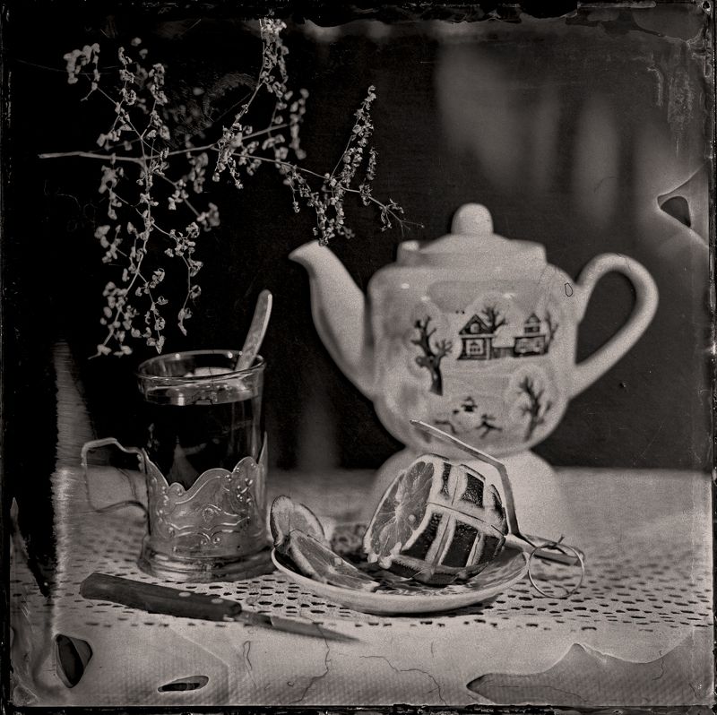Чайная, натюрморт, лимон, лимонка, чай, чайник,амбротип, амбротипия Чайная с лимонкой. фото превью