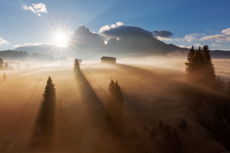 fog, morning, dolomites, peaks, mountains, alps, italy, landscape, mood, atmosphere, sunrise, clouds, trees, sun rays Magic Fog фото превью