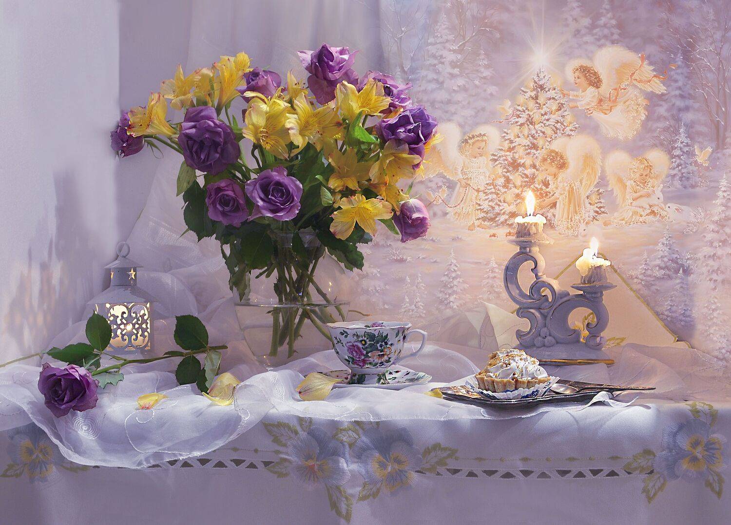still life,натюрморт,январь, цветы, фото натюрморт, сочельник, свечи, розы, рождество, подсвечник, настроение, зима, Колова Валентина
