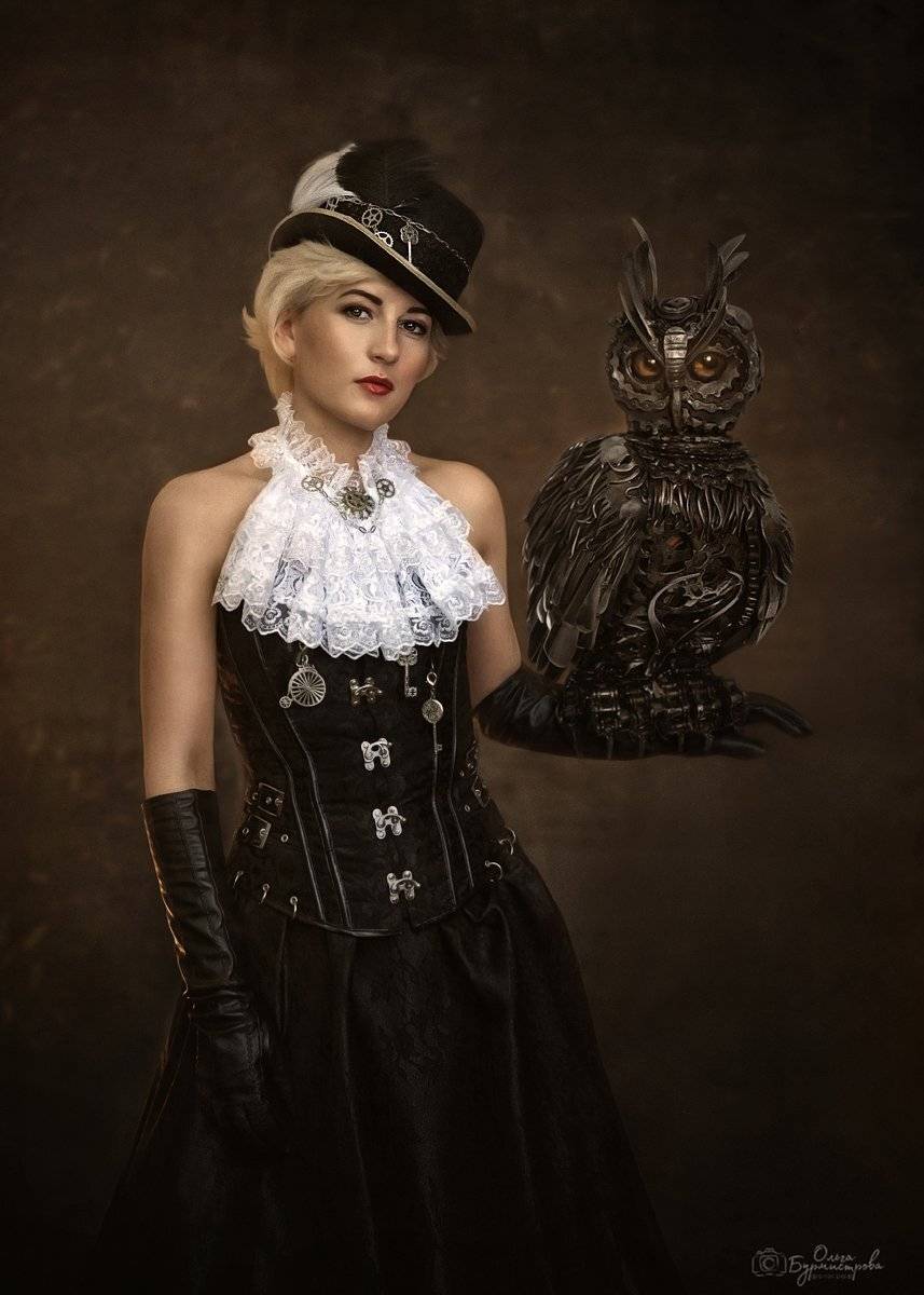 фото в образе, сказка, арт фото, steampunk girl, стимпанк, шляпа, гоглы, дама с птицей, темный фон, фотоарт, Ольга Бурмистрова