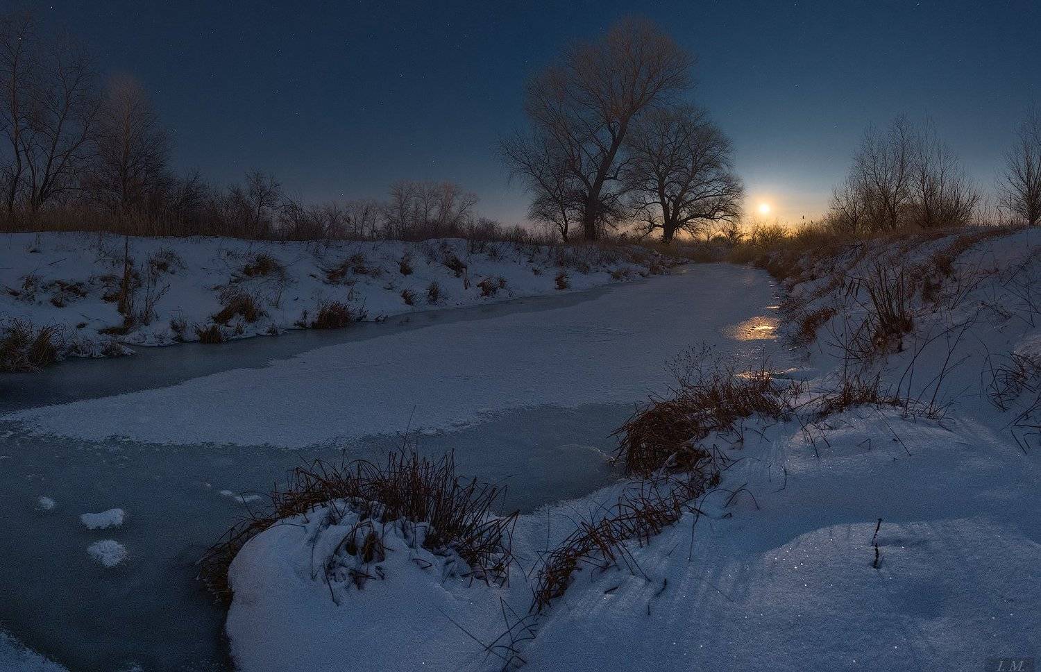 ночь, ночная съемка, небо, луна, зима, мороз, снег, звезды, звездное небо, речка, деревья, пейзаж, ночной пейзаж, starry sky, night, winter, moon, moonrise, light, nightscape, night photography, river, frozen, moonlight, magic, Ivan Maljarenko 