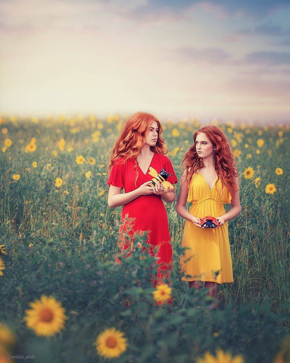 девушка, дети, ребенок, портрет, рыжая, желтый, красный, весна, лето, подсолнухи, цветы, настроение, винтаж, girl, children, portrait, sister, yellow, red, red hair, red head, ginger, sunflower, spring, summer, Марина Семёхина
