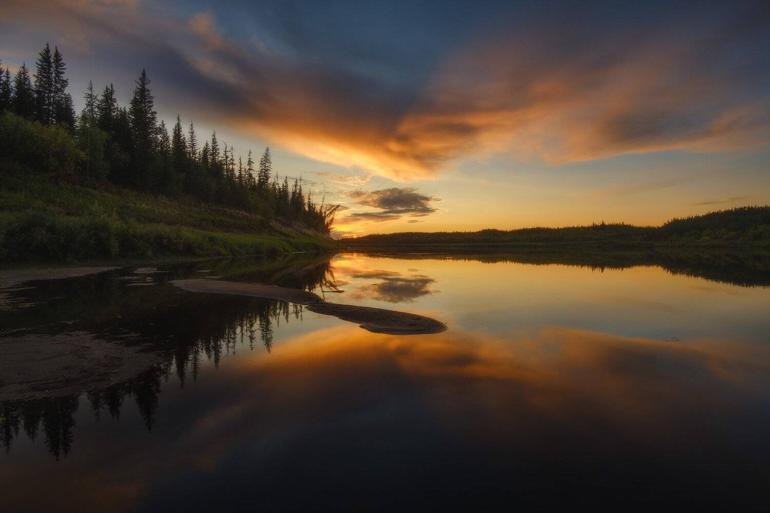 россия, иркутская область, ербогачен, нижняя тунгуска, сибирь, тайга, река, лес, отражение, закат, осень, Оборотов Алексей
