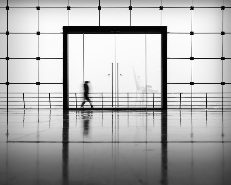 street, urban, person, fog, hamburg, harbour, window gate to harbour фото превью