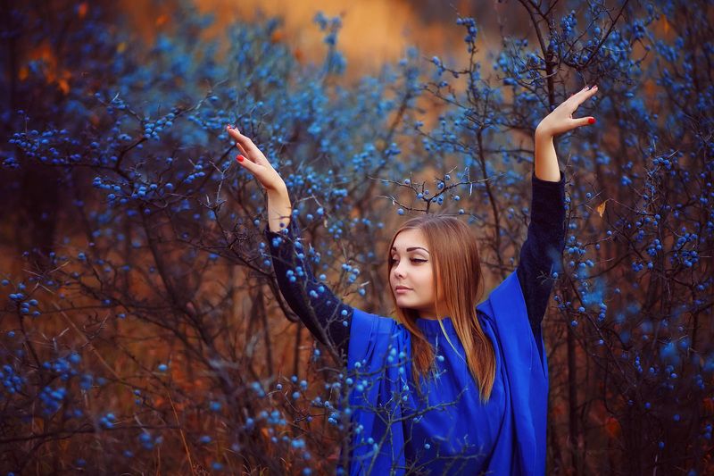 цветовые контрасты, синий и оранжевый, девушка красивая, терновник, сказочная фотография В терновнике фото превью