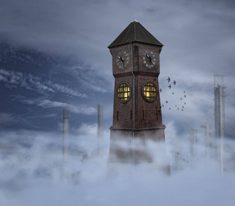 tower, clock, eyes, birds, industrial, morning, fog, clouds, Caras Ionut