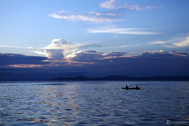 landscape, sea, sunrise, water, boat, house, palm, mountain, sky, clouds *** фото превью