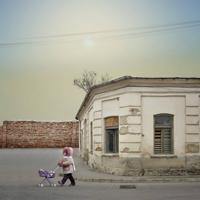 child, baby, troler, house, abandoned, fence, wall, walk, brick, window, sky, sun, Caras Ionut