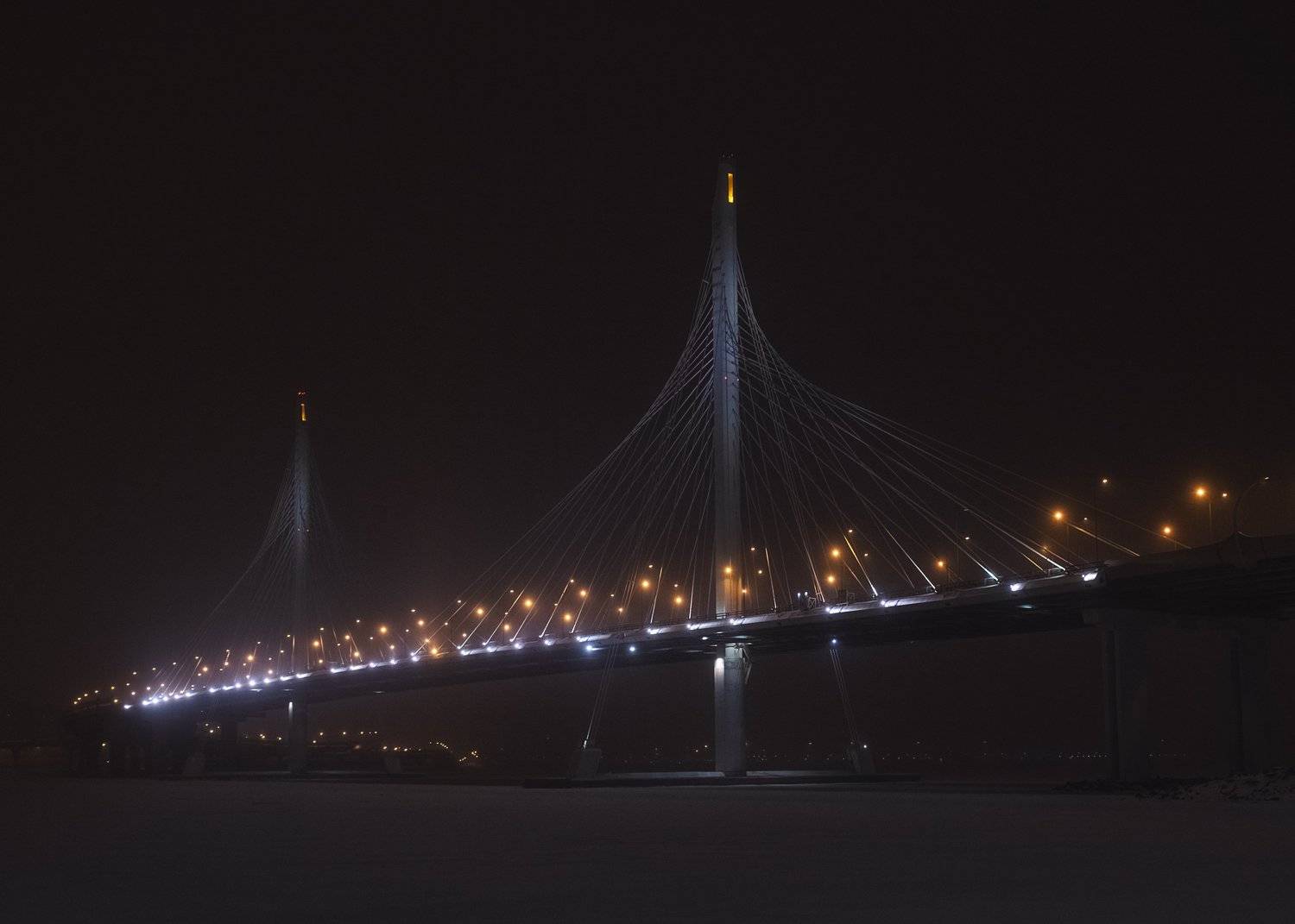 залив зима мост автомост вантовый снег дорога город огни, Вавилова Елизавета