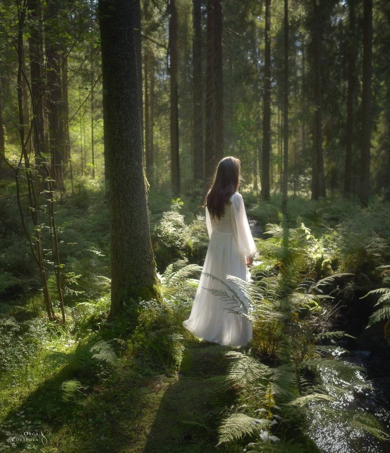 рощино, лес, ель, папоротники, лето, автопортрет, ленинградская область, солнечные лучи, белое платье, Степаненко Ольга