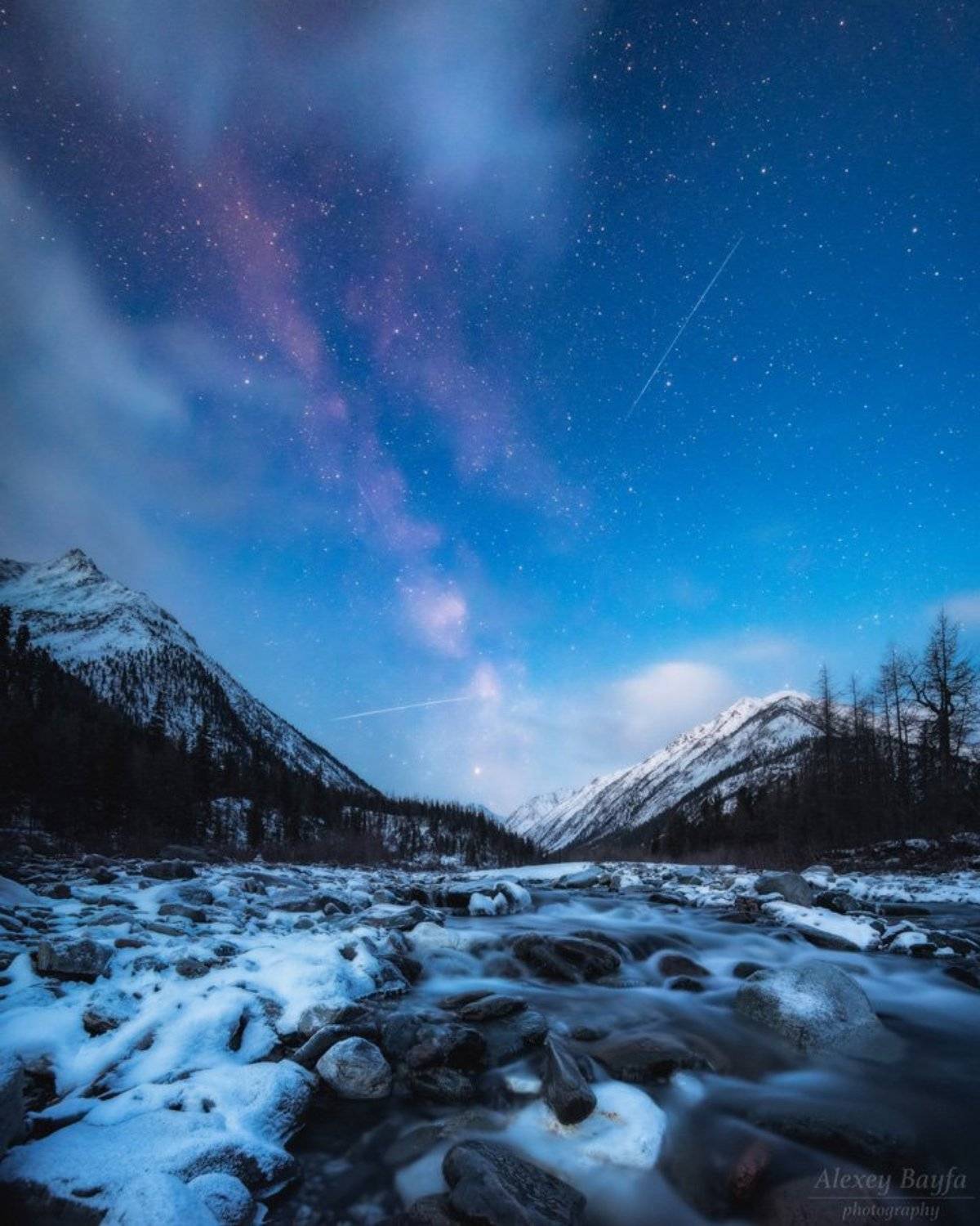 горы, природа, пейзаж, звёзды, млечный путь, лес, река, сибирь, зима, Алексей Байфа