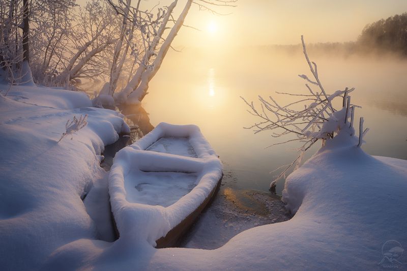 пейзаж, природа, озеро, лодка, шатура, зима, мороз Зимовка фото превью