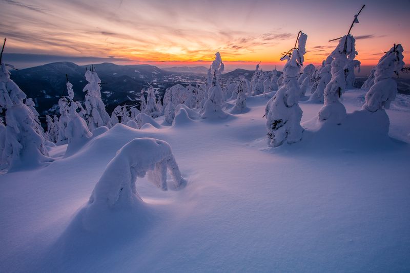 lysa hora, beskids, mountains, snow, winter, sunset, sunrise  фото превью