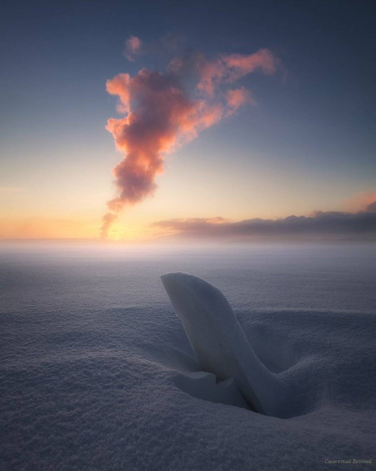 зима, снег, река, закат, вечер, мороз, туман, дым, лед, Смольский Евгений