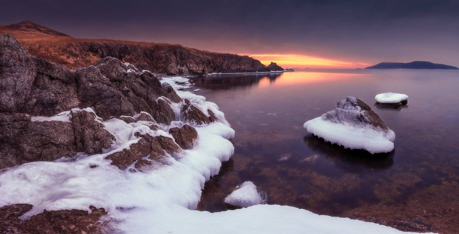 зима, море, скалы, лёд, утро, Андрей Кровлин