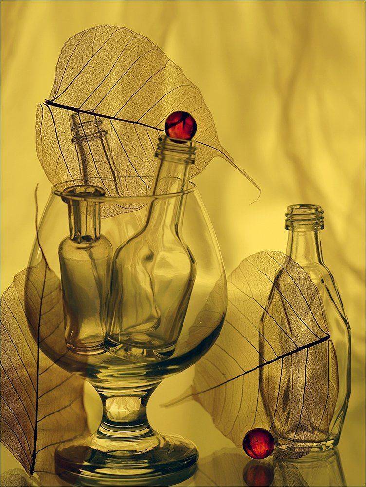 бокал, лист, листья, бутылки, натюрморт,, Victor Pechenev