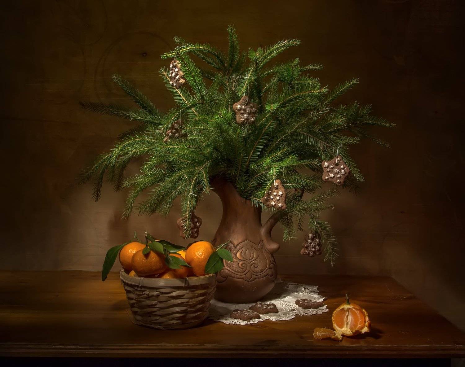 натюрморт,ель, мандарин, мандарины, печенье, Татьяна Феденкова