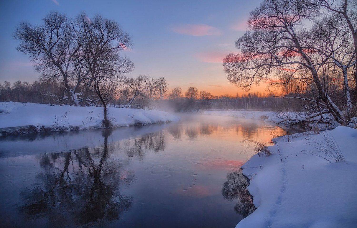 вечер, закат, зима, река, туман, Виктор Климкин