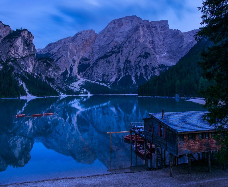 braies, italy, lake, blue hour, mountain, dolomites, alps, sunset, evening, trip, travel, adventure, journey Blue hour by Braies фото превью