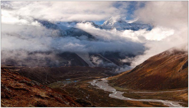 горы,горная деревня,река,долина,ледник,гималаи рассвет под Ама-Дабланом фото превью