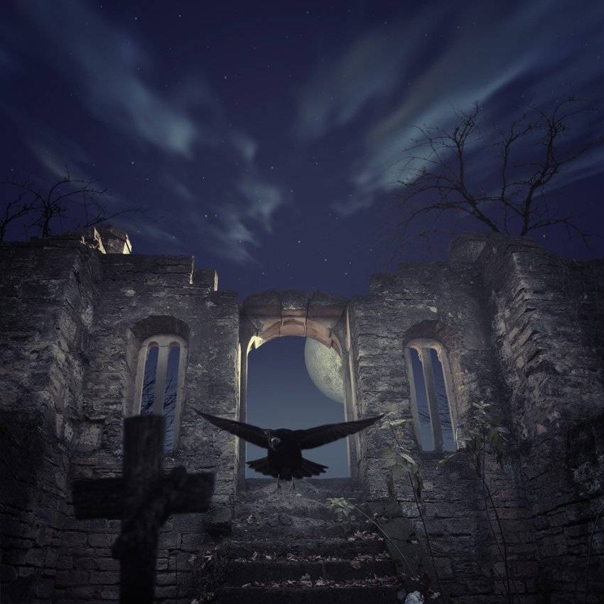 cross cemetery, crow, moon, stars, sky, clouds, tree branches, light, shadow, Caras Ionut
