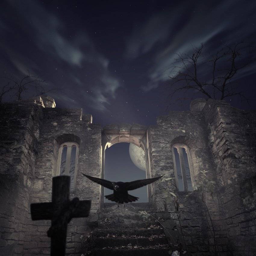 cross cemetery, crow, moon, stars, sky, clouds, tree branches, light, shadow, Caras Ionut