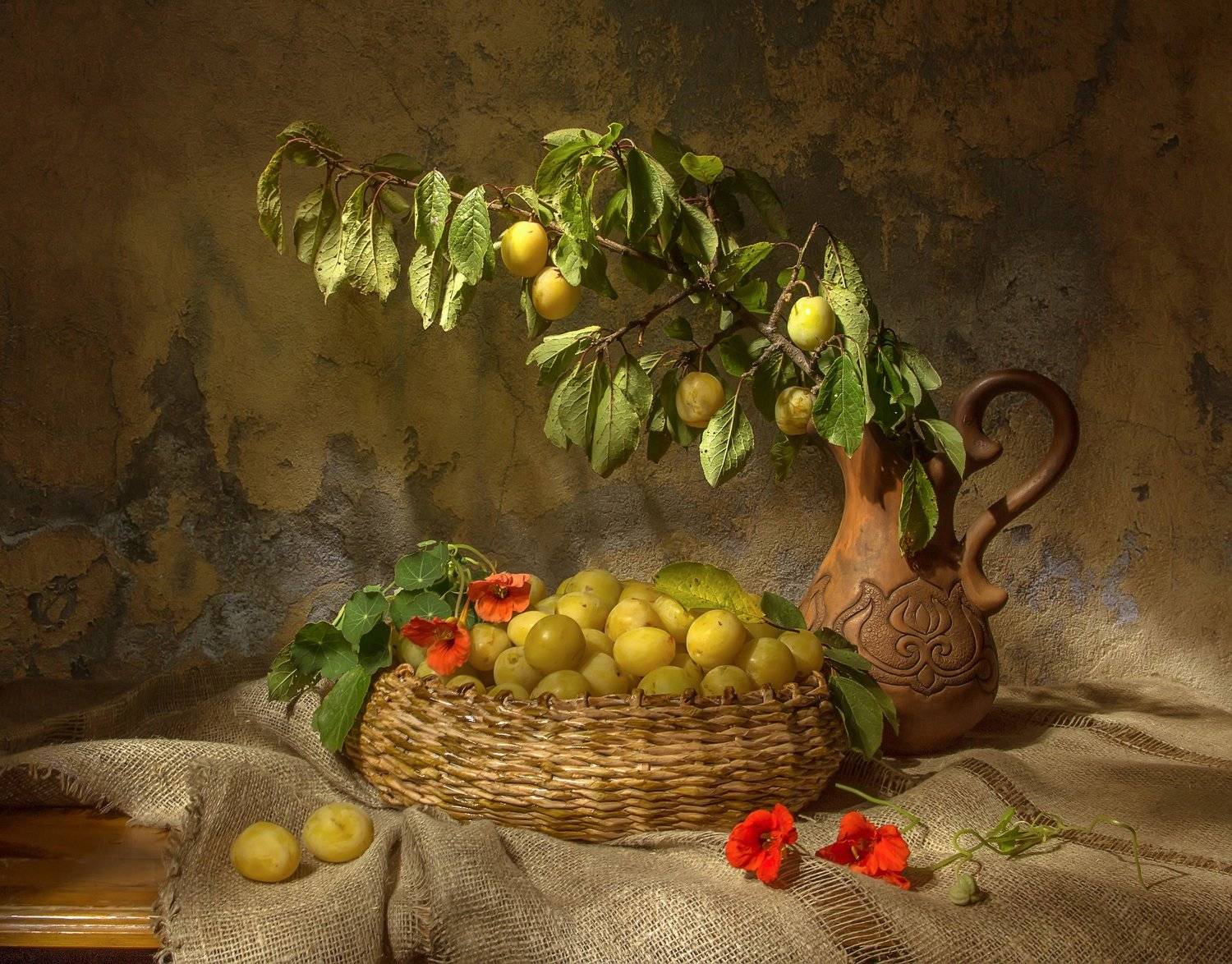 натюрморт, сливы, желтые, настурции, Татьяна Феденкова