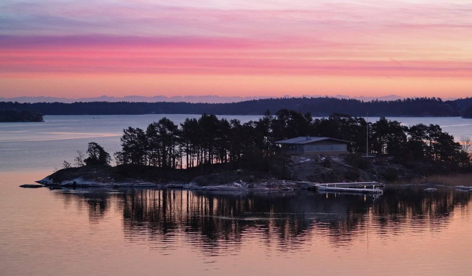остров, Швеция, зима, дом, причал, рассвет, вода, ja