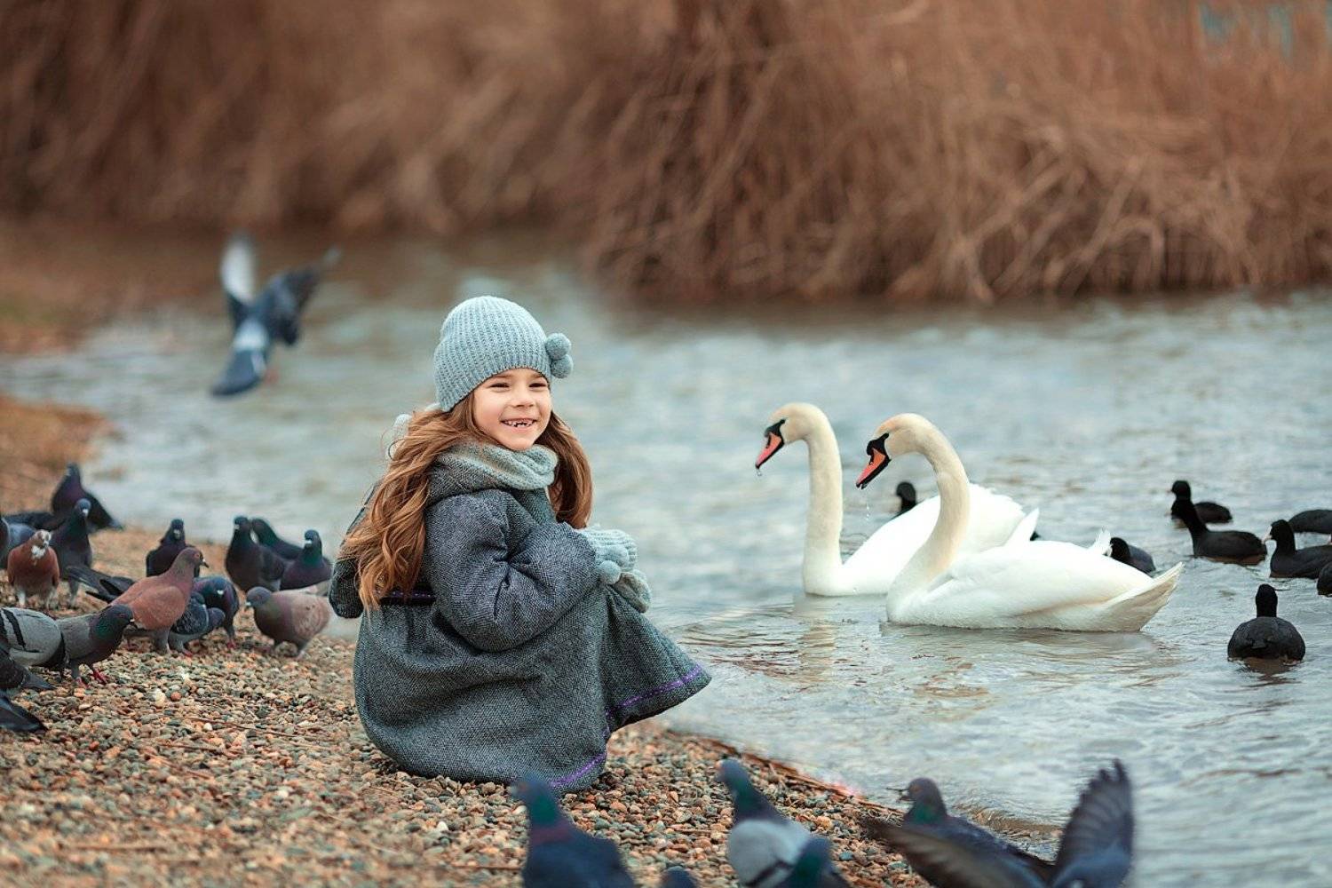 девочка,  детская и семейная фотосессия, детский и семейный фотограф, радость, восторг, счастье, фотосессия, детское фото, детский фотограф, детская фотосессия, лебеди, птицы, улыбка, Францева Ольга