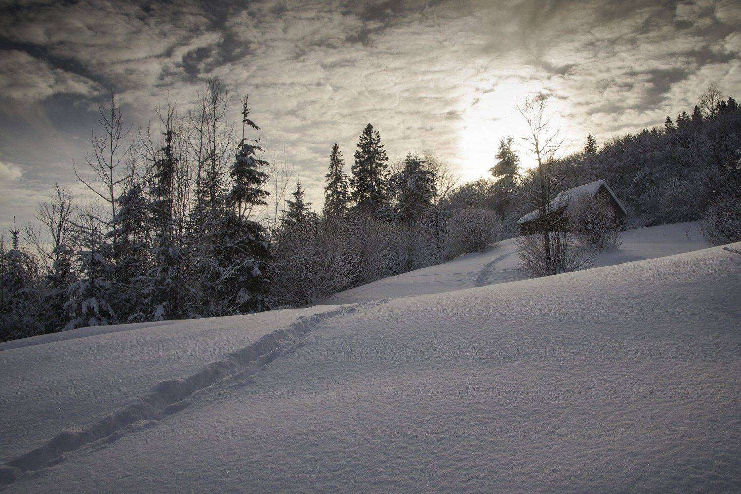 вечер, снег, зима, закат, облака, Valeriy
