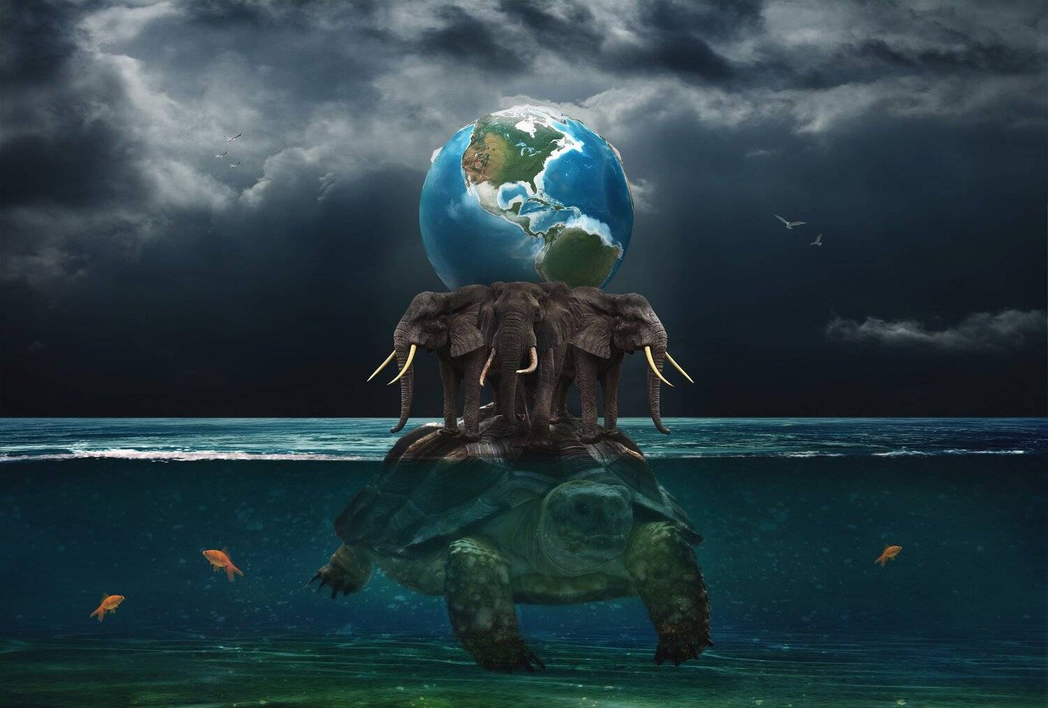 черепаха, слон, океан, облака, Sergii Vidov