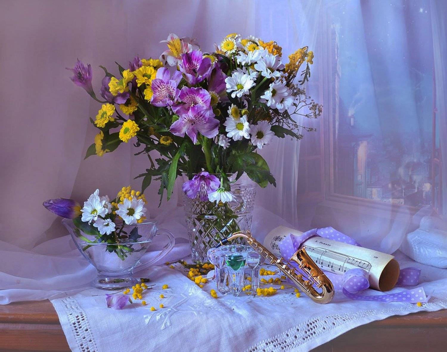 still life,натюрморт,январь,фото натюрморт, цветы, саксофон, музыкальный инструмент, подсвечник, ноты, Колова Валентина
