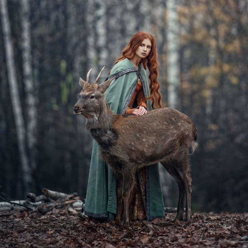 модель, олень, осень, природа, красота, рыжие волосы, red hairs, deer beauty in nature фото превью
