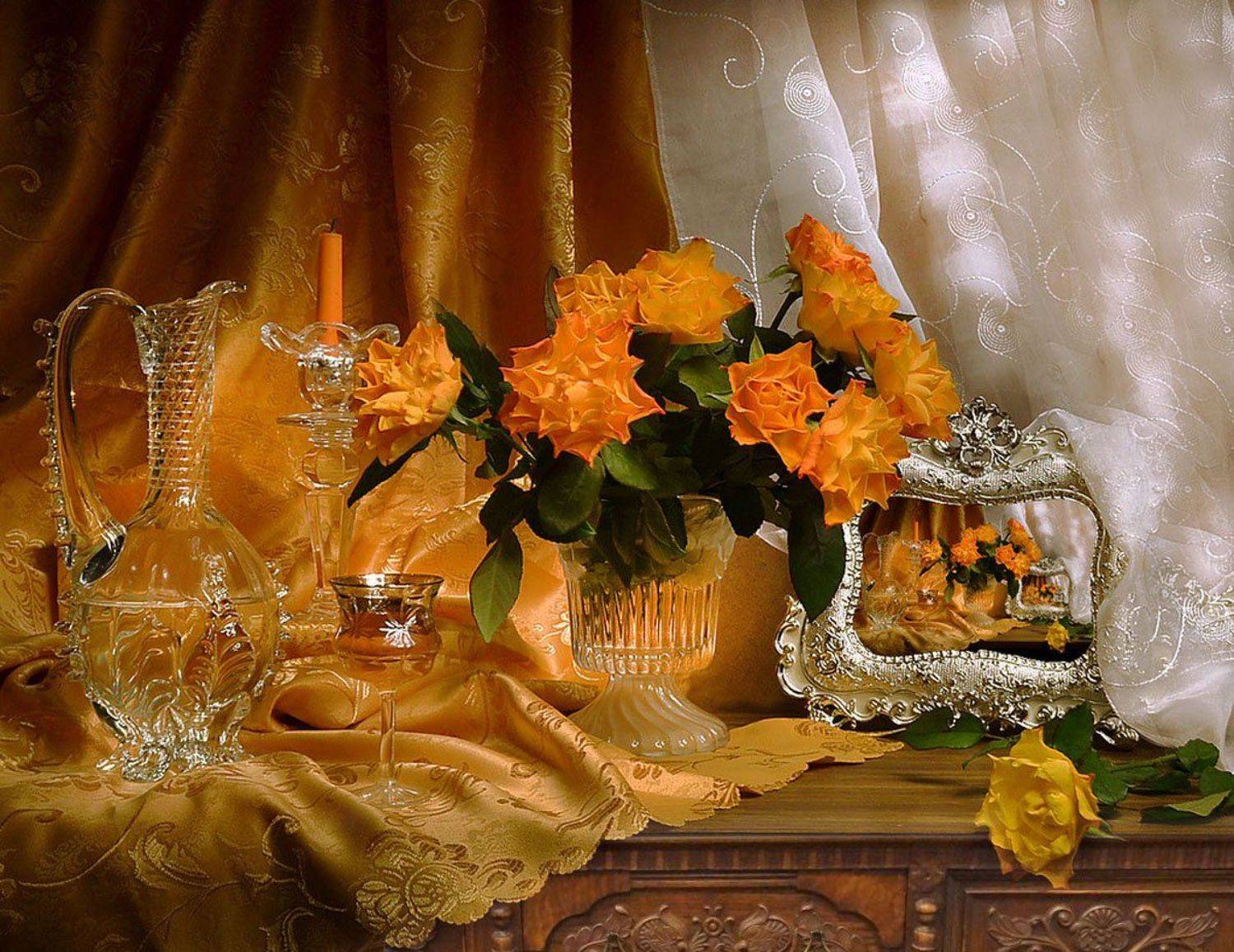 still life,натюрморт,фото натюрморт, розы, цветы, февраль, подсвечник, хрусталь, картина, кувшин, Колова Валентина