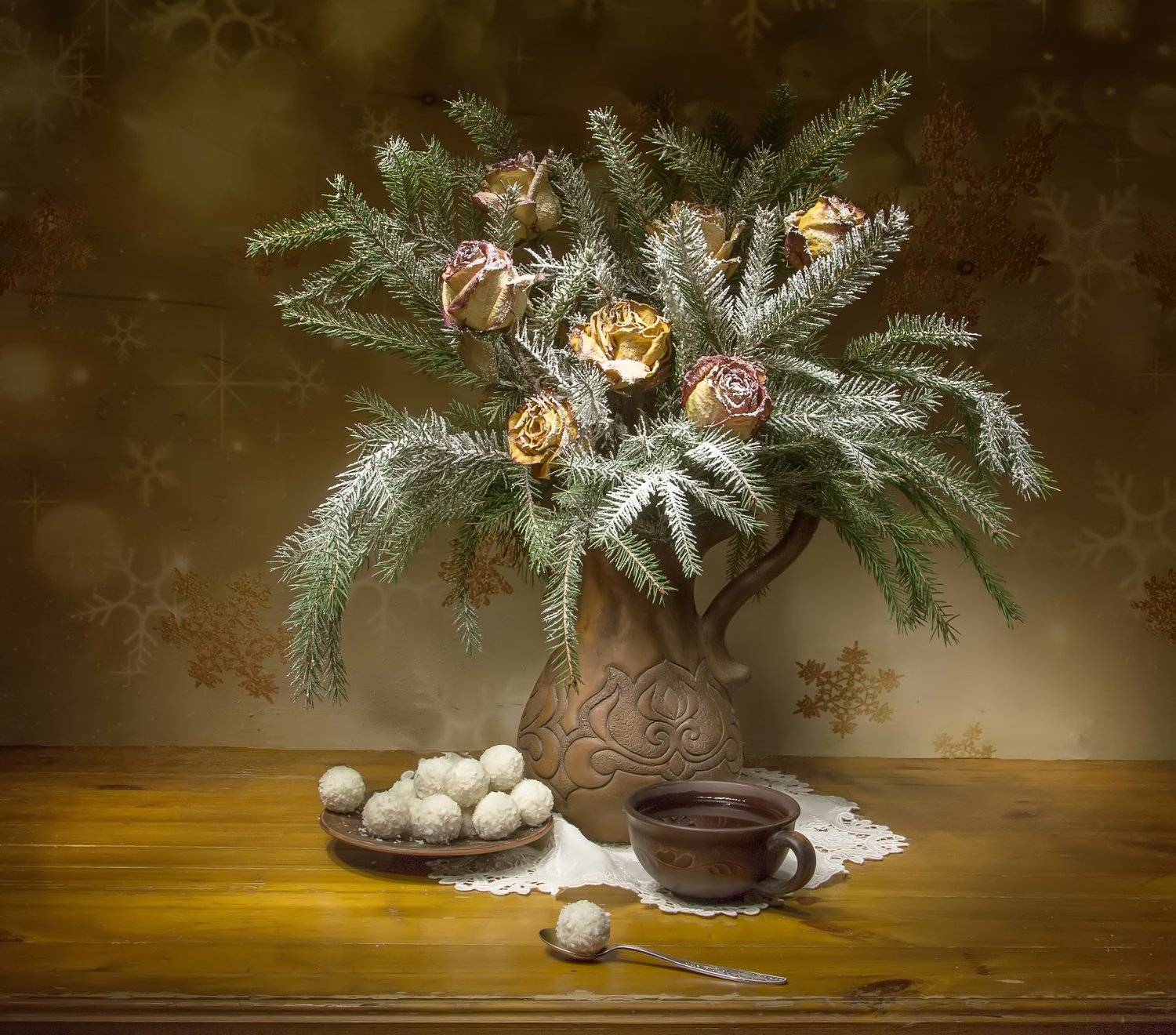 натюрморт, ель, розы, Татьяна Феденкова