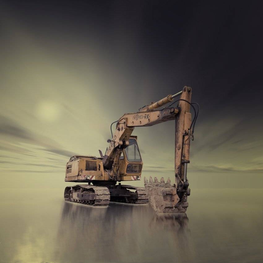 truck, excavator, water, ocean, reflection, sky, clouds, long exposure, Caras Ionut