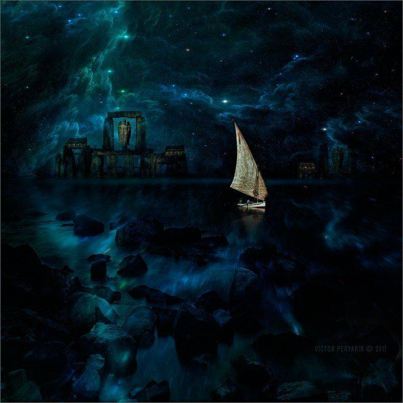 земля, нгелов, ночь, фэнтези, парус, лодка, ангел, Виктор Перякин