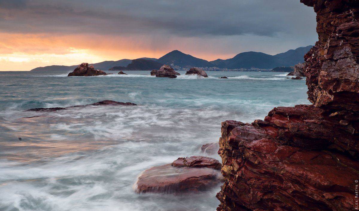 черногория, красная, голова, море, закат, волны, Alexander Martynov