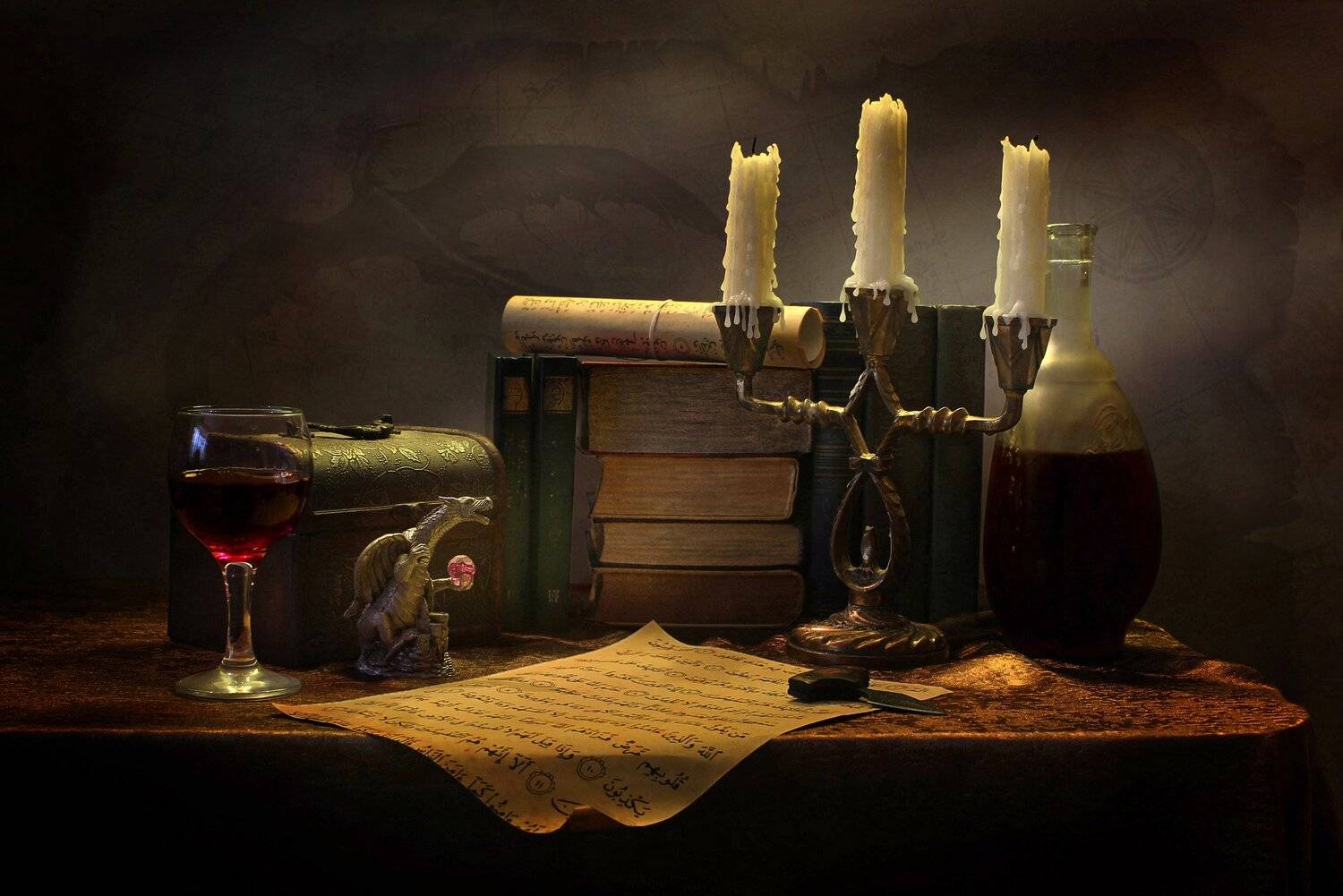 натюрморт, книги, вино, статуэтка, дракон, подсвечник, шкатулка, Ковалева Светлана