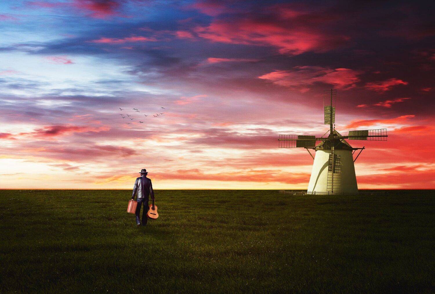 мужчина, поле, гитара, мельница, Sergii Vidov