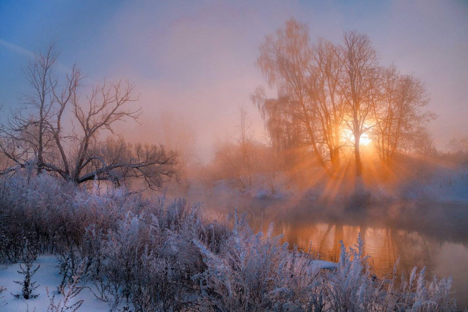 утро, зима, туман, солнце, рассвет, река, Виктор Климкин