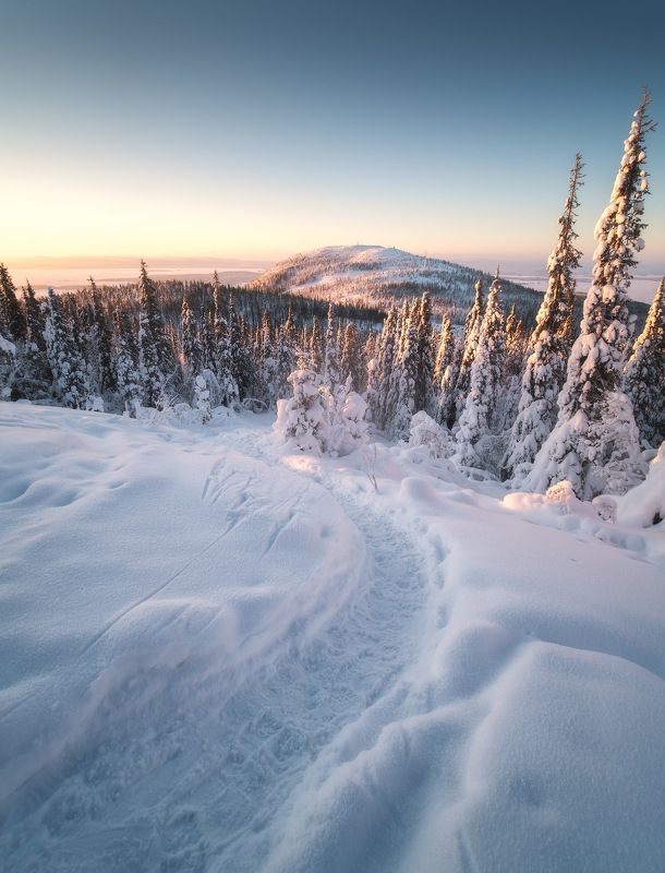 россия, кольский полуостров, мурманская область, кандалакша, природа, пейзаж, зима, горы, сопка, снег, рассвет, лесотундра, белое море, заполярье Снежными тропами фото превью