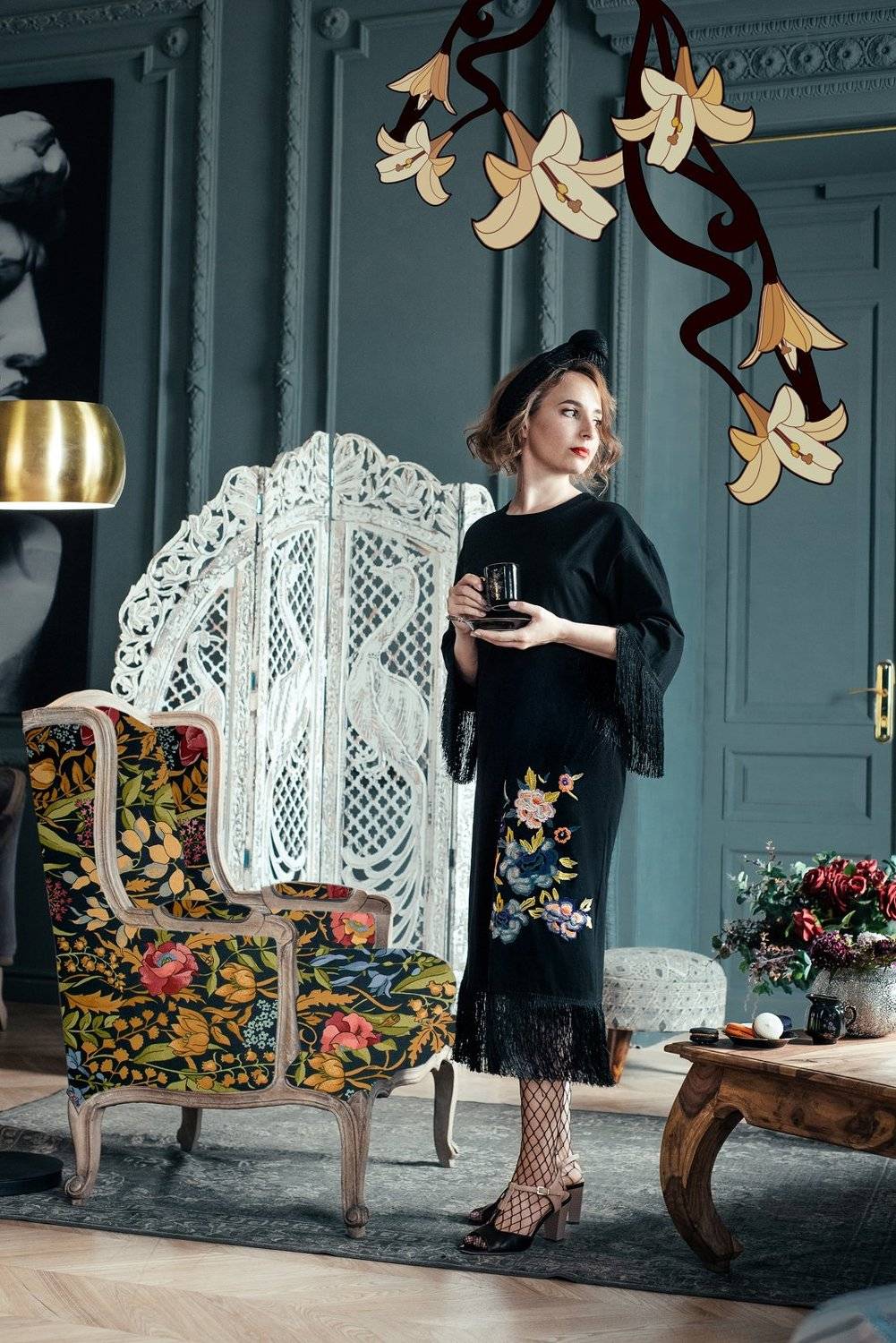 portrait, artdeco, gatsby, blackdress, fashion, floral, floralprint, flowers, tea, teatime, Olesya Kulida