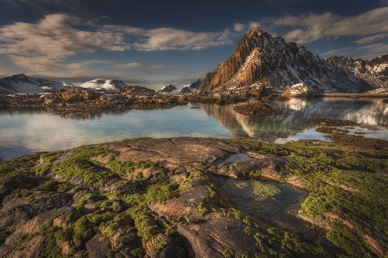 lofoten, islands, norway, lanscape, sea, water, mountains, rocks, april, clouds, sky,  Lofoten morning фото превью