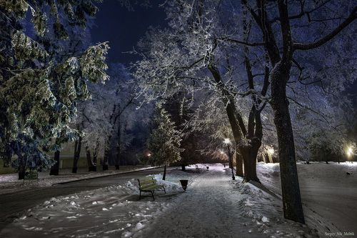 Заиневевший-скверик у замка в Несвиже