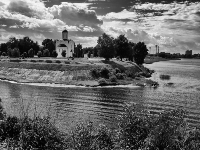 Black and white, Monochrome, Landscape, River, Church, Intensity, Tver, Russia, City On the other side фото превью