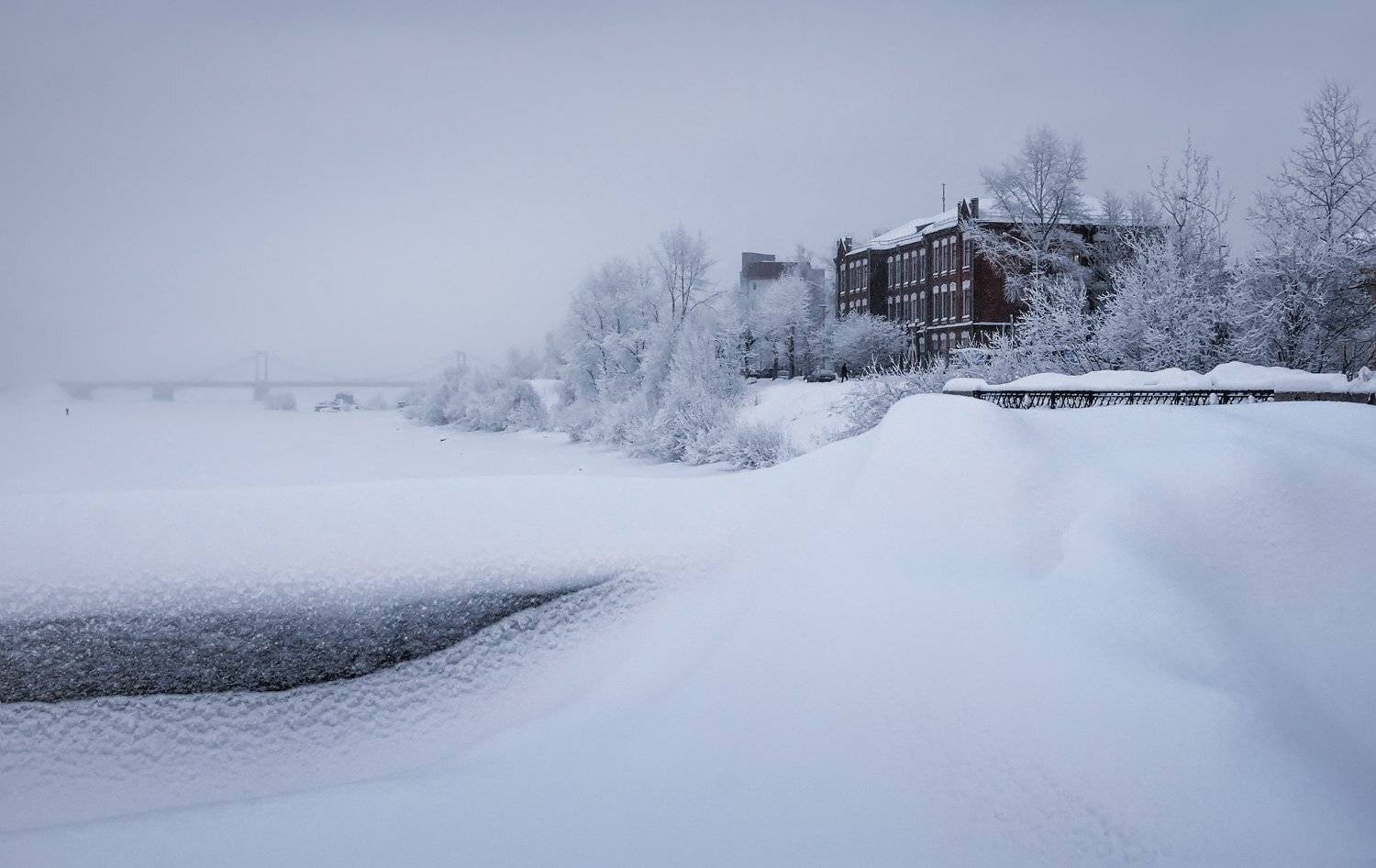 зима, иней, холод, мороз, деревья, река, мост, дома, вечер, город, архангельск, набережная, Ра Вера