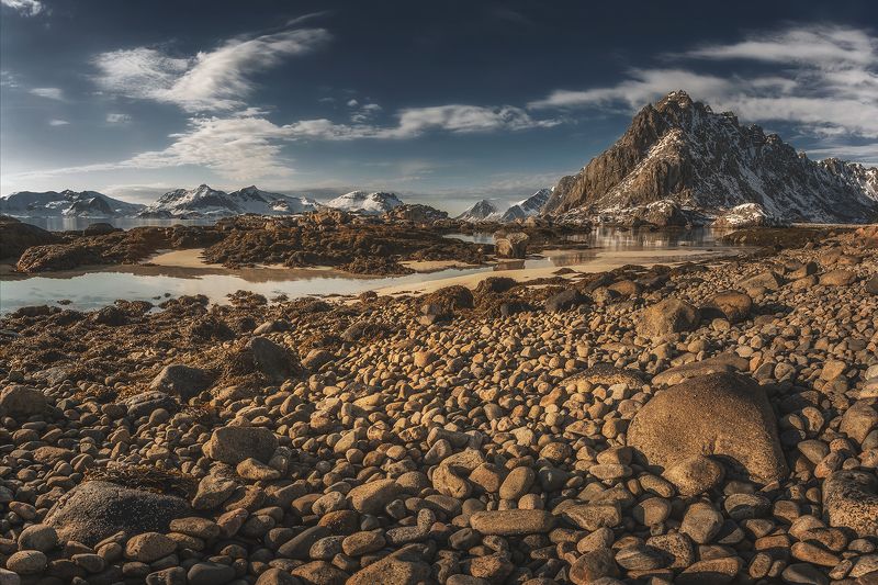 lofoten, islands, norway, lanscape, sea, water, mountains, rocks, april, clouds, sky, stones,  Lofoten morning фото превью